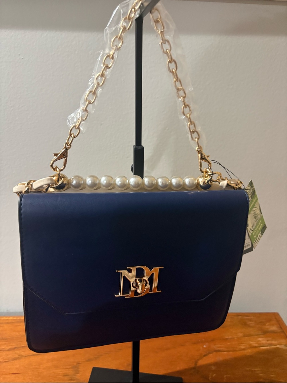 Badgley Mischka Navy Shoulder Bag with Pearl Handle and Gold Chain